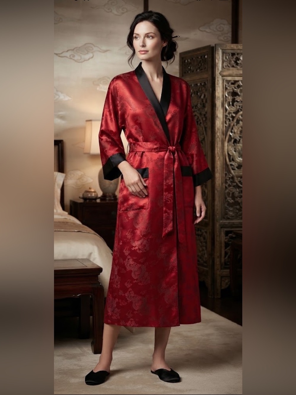 Vintage Reversible Asian Red Black Brocade Long Kimono Robe One Size